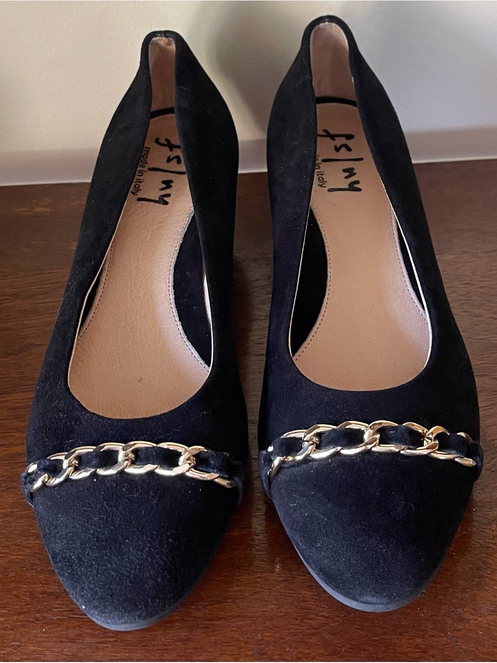 FS/NY Black Suede Gold Chain Wedge Pumps Made in Italy Size 7½